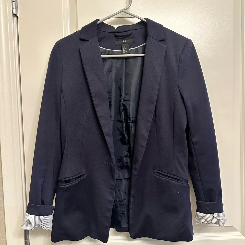 Navy Blazer with Striped Cuffs